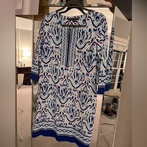 Barbara Erickson navy white seashell geometric stretch fabric dress size L- EUC